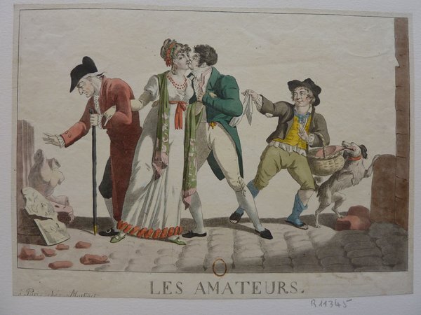 Artwork displaying a scene on a street involving four figures and a dog. The leftmost figure, in a red habit with a tricorne and cane, appears to examine a statue. A couple in the center, the woman dressed in a dress with habitual à la française, kisses a man in a green outfit. To the right, a man with a basket leads a dog, wearing a tricorn and a wig.