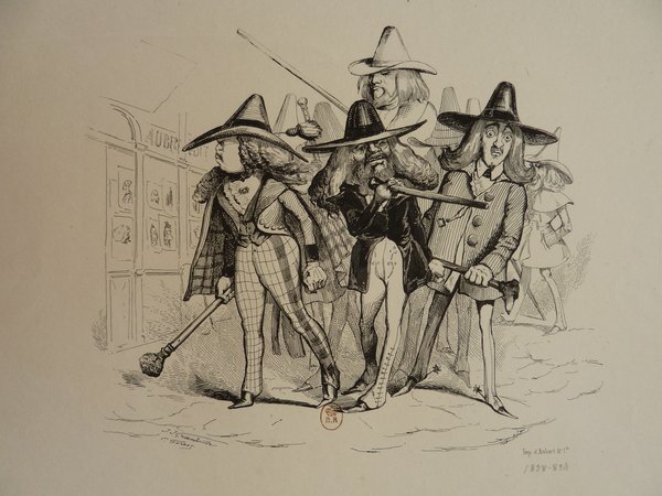 A caricature drawing from the July Monarchy era depicting three bohemian artists on a street, each with distinct facial hair and long hair, dressed in elaborate attire including hats. They are near a window displaying art, and each holds a cane.