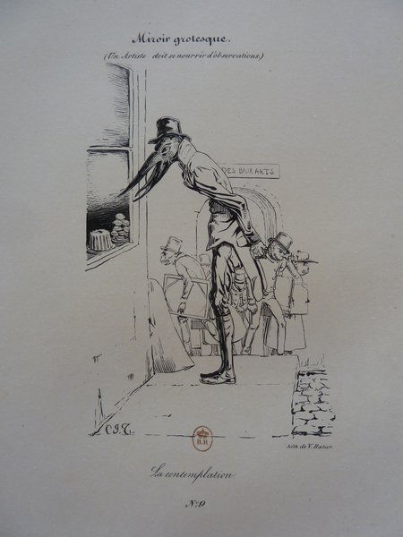 Black and white illustration of a bird, dressed in a top hat and suit, looking at a storefront labeled 'Beaux-Arts'. Other figures, including one in a top hat, observe paintings. The scene depicts a street with artists, viewers, and a monkey visible in the background.