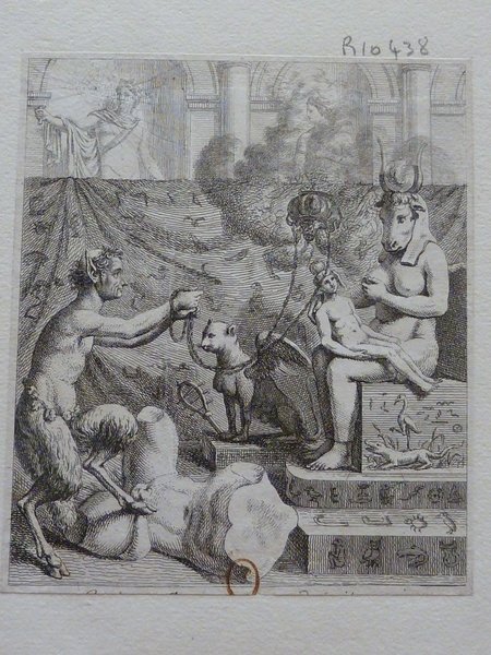 An intricate engraving depicting a scene with Greco-Roman and Egyptian antiques, featuring mythical and human figures within an architectural setting. On the right, there is a figure with the head of a bull/cow and a woman's body. On the left, there is a satyr figure holding out his arms that seem to be bound in rope. Elements such as columns and detailed statues contribute to the antique ambiance. 