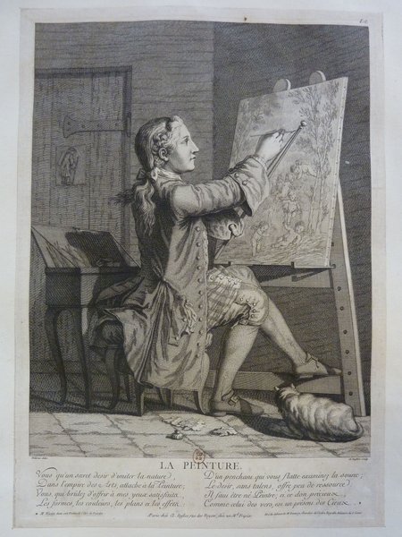 A black and white engraving depicting a painter in an elaborate outfit typical of the Ancien Régime, working at an easel with a mahlstick and artists' brushes in a studio. There is an image of a cat near the bottom of the scene, and a caricature hangs on the wall in the background. The artist wears a habit à la française and focuses on a detailed painting.