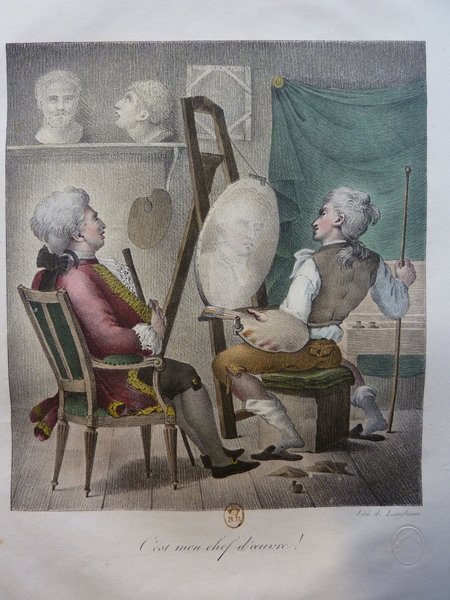 An artist wearing a wig and a habit à la française sits in front of an easel, palette in hand, while painting a portrait. A portrait sitter is depicted wearing wigs and outfits typical of the period. The studio environment includes additional artists' brushes, a statue, and paintings.