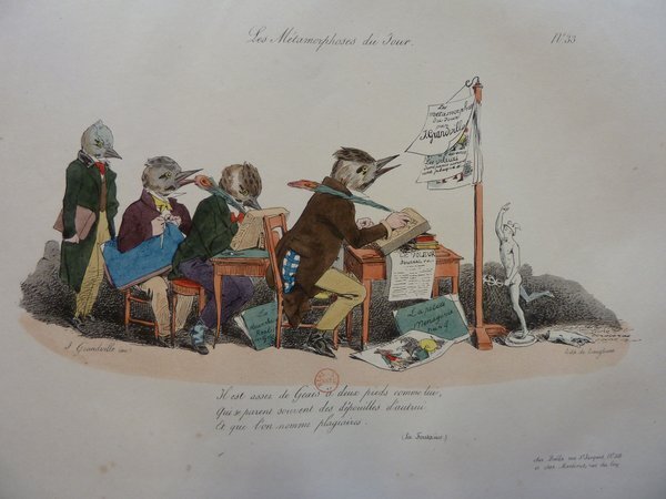 Color lithograph depicting caricatures of birds dressed in human attire, engaged in printmaking activities in a studio setting. Statues are present, and printmakers are utilizing lithographic stones. A peacock and a flag featuring writing are also visible.