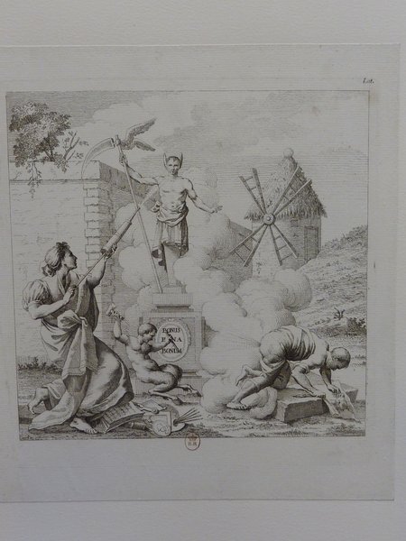 Engraving depicting an outdoor scene with a central statue of a satyr, multiple windmills, and human figures, including women and politicians, surrounding elements symbolically representing flatulence and enema syringes. The setting includes a rural landscape with trees.