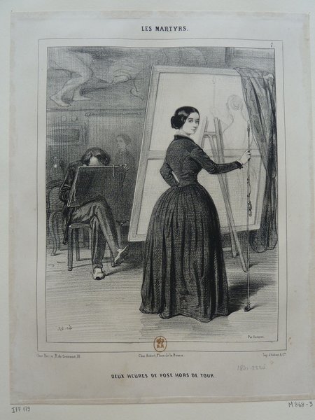 Two artists in a studio, a female model standing by an easel looking towards the viewer while posing, and another painter seated, drawing at another easel with focus. The room contains various artist tools, paintings, and easels, reflecting a July Monarchy era art studio environment.