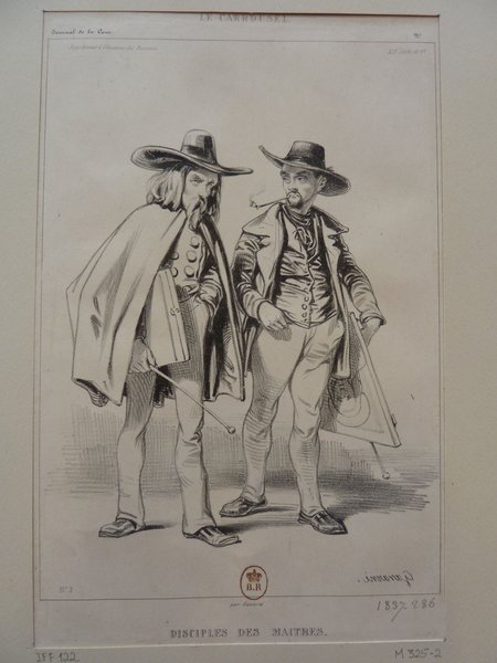 Two men in Bohemian outfits, one holding a mahlstick and a painting, depicted with long hair, facial hair, and hats. The setting is suggestive of the July Monarchy era. Both are drawn in a detailed, monochrome style.
