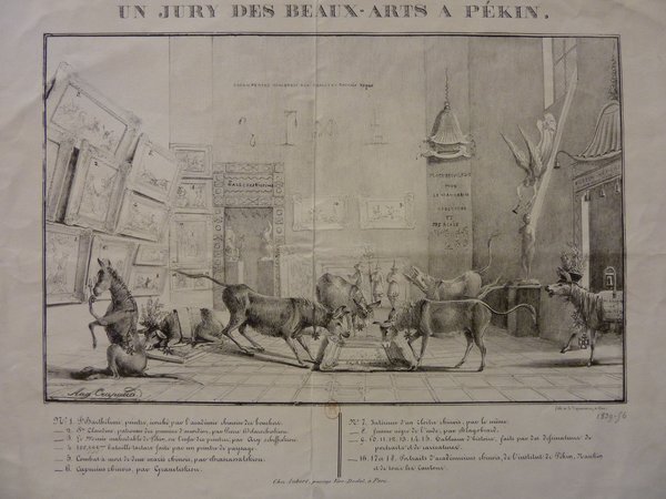 An etching titled "UN JURY DES BEAUX-ARTS A PEKIN" showing a satirical scene of donkeys in an art exhibition setting. The donkeys carry paintings, trumpets, and sculptures, and examine art pieces. The image includes detailed architecture, decorative elements, and text annotations.