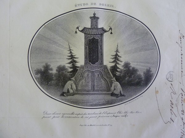 Black and white illustration of two individuals kneeling in front of a monumental outdoor structure, surrounded by trees, depicted in a classic, oval frame. 