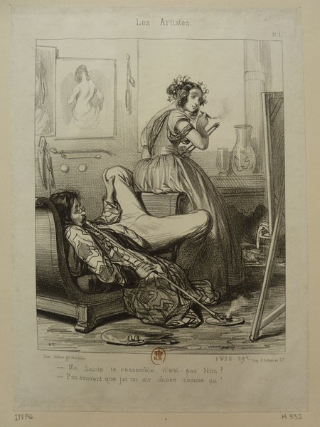 A historical print portraying artists in a studio. Features include easels, paintings, artists' brushes, palettes, and a smock. A man with long hair possibly wearing a bohemian outfit reclining, while a woman sporting long hair and a dress works at the easel.