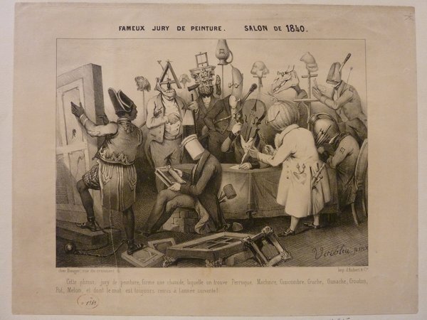 A black and white print depicting a group of anthropomorphic items and characters wearing bicorne hats, some carrying umbrellas, assessing artworks in a comedic jury setting, labeled "Salon de 1840." The scene includes various whimsical figures engaged in discussion or examination, related to themes of judging and art critique during the July Monarchy period.