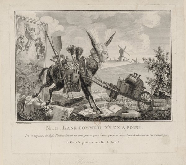 A greco-roman style painting depicting a human head on a donkey's body, carrying antique items with a landscape containing a windmill in the background. Subtle elements suggestive of literature and outdoors are visible.