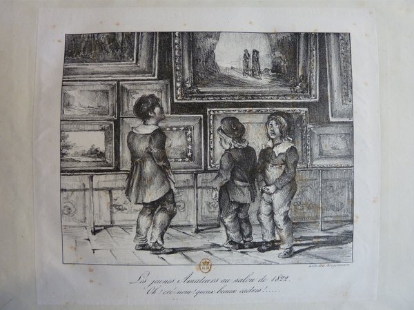 An illustration depicting three children viewing paintings at an exhibition salon. The setting appears historical, featuring detailed artwork on the walls in an organized display.