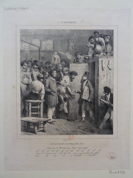 Black and white illustration showing a busy art studio scene from July Monarchy era. The image includes multiple figures, some of whom are wearing top hats and smocks, and a male model posing. There are also statues, a palette, ladder, mahlstick, enema syringes visible. Visual elements suggest an environment of artists' models and students engaging in creative activity.