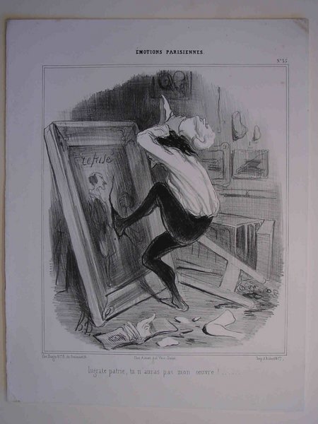 Black and white artwork depicting a painter in a studio, dramatically interacting with an easel. Elements include a toppled statue, scattered paintings, and submissions. The scene incorporates themes typical of the July Monarchy period.