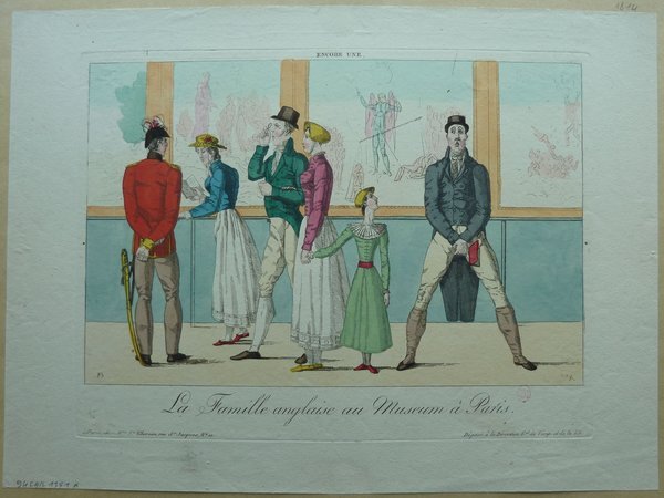 Historical print depicting a group of figures at an exhibition, including individuals wearing bourgeois outfits, military uniforms, top hats, and holding swords. They are observing paintings in a salon setting. The image reflects styles typical of the Restoration period.
