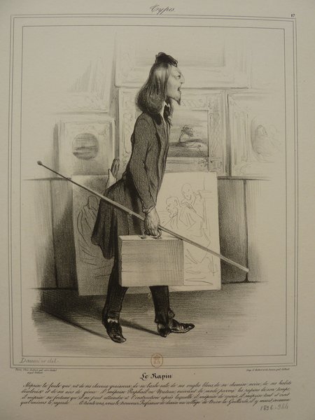 A monochrome etching depicting a long-haired male painter from the July Monarchy era, holding a mahlstick and a large canvas in an exhibition setting. He has facial hair and his outfit includes a blazer and bow tie. The background features other paintings, suggesting the setting is a salon.