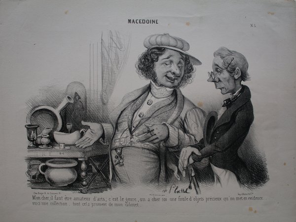 An illustration of two art critics or connoisseurs during the July Monarchy, depicted indoors. One figure wears a hat and pince-nez, while the other carries a cane and has facial hair. They are examining or discussing various objects, likely artworks.