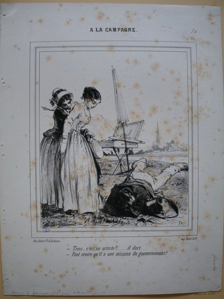 Illustration depicting two women in rural area during the July Monarchy era. One woman looks at artwork on an easel, the other holds an umbrella. A man, presumed to be an artist, is sleeping nearby. The scene includes countryside elements like trees and a distant church. The image has signs of aging with spot marks.