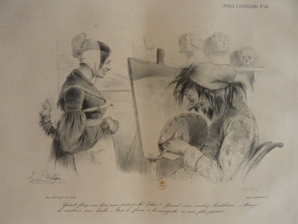 A historical print depicting a studio setting where two figures are engaged with artistic activities. One individual, a painter with long hair and facial hair, wearing a smock, holds a palette while working on a painting set on an easel. Another person, a woman, stands beside. The background features several statues and skulls, adding a thematic depth to the setting.