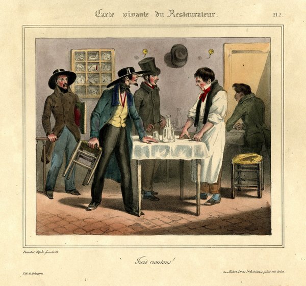 A 19th-century illustration of a restaurant scene during the July Monarchy era, featuring a group of men including artists and painters. Some men wear top hats and bohemian-style attire, and pince-nez glasses are visible. They engage around a dining table in a lively interaction, with apparent facial hair, various hats, and a waiter present. Surrounding details imply a casual, social setting typical of restaurants.