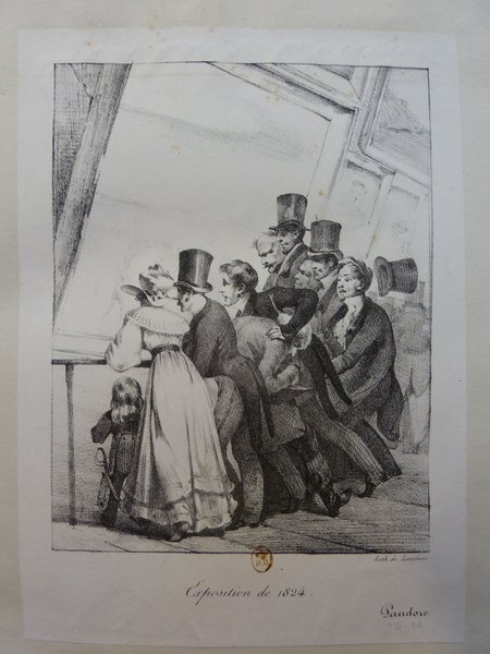 Black and white illustration of a 19th-century salon exhibition from 1824, featuring an audience including women and children, several wearing top hats and one with a pince-nez. The attendees are viewing paintings, suggesting a cultural or artistic setting. Their focus on the artworks and their variety of hats, including top hats, are prominent.