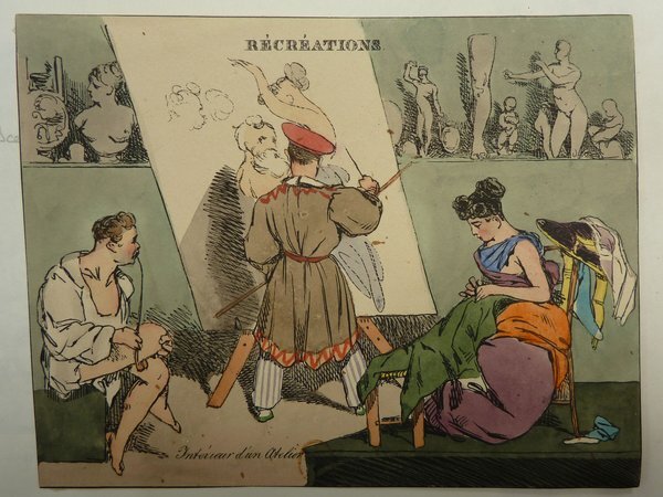 An illustration depicting a diverse artist's studio setting. It features a male and female model, with the female dressed in vibrant robes and sitting, and the male draping a smock, holding a mahlstick, and interacting with a canvas on an easel. Also visible are paintings, statues including multiple artists' models, pipes, and additional artist's brushes, capturing a bohemian painter's environment.