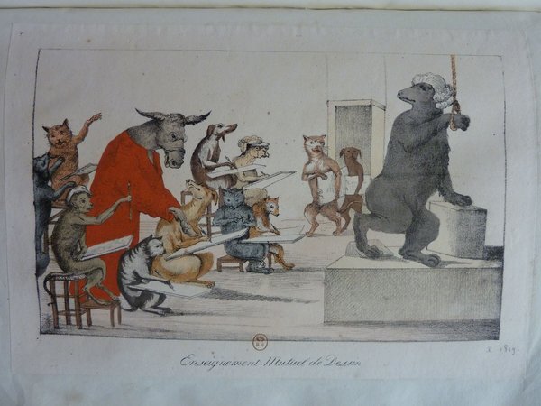 A drawing class with anthropomorphic animals: cats, dogs, a donkey, and monkeys depicted as students and a monkey as a teacher. They are gathered in a studio setting, using tools for drawing, engaged in a pedagogical activity.
