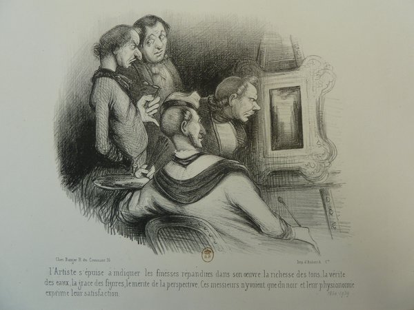 An etching of three men in a painting studio, viewing and discussing a painting on an easel. One man holds a palette and mahlstick, another wears pince-nez, and all are dressed in smocks. The room includes artists' brushes and additional studio elements.
