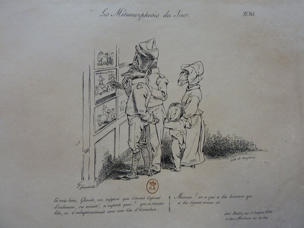An illustration depicting caricatures dressed in military uniforms and outfits from different occupations, individuals have faces of birds and donkeys The scene also includes representations of birds and donkeys depicted in framed artworks within a storefront. The setting suggests a narrative interaction between the characters in front of the store.
