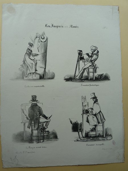 Four black and white illustrations of painters at easels, each engaged in different artistic activities. They wear outfits typical of a bourgeois style, with one painter dressed in women's attire. Tools of their trade such as artists' brushes, palettes, and paintings can be seen along with an easel in each sketch. These scenes likely depict moments within a museum or a similar setting.