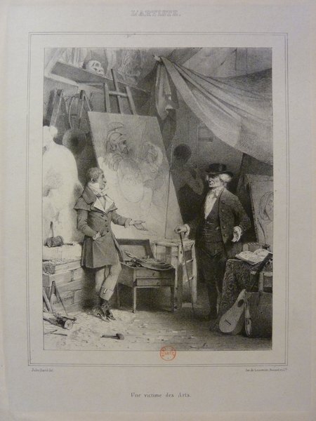 A black and white print depicting a studio scene with two main figures. A painter, dressed in a bourgeois outfit, stands by an easel holding artist's brushes and a palette, working on a painting. Nearby, a model wearing a top hat, holds a cane. The room is cluttered with artistic and musical elements including guitars, a skull, statues, and another easel.