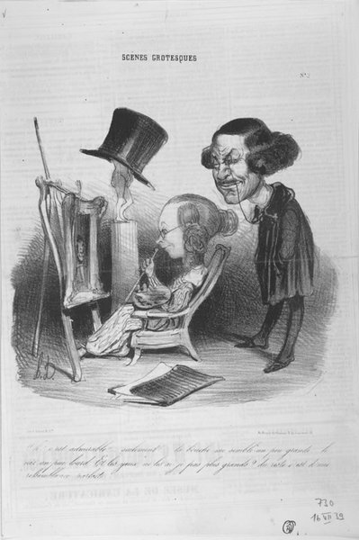 Black and white illustration depicting an art studio scene with exaggerated caricatures. Features two figures: one wearing a top hat examining a painting on an easel, with a monocle and holding a mahlstick. The other, a seated woman by the easel, is painting. A statue, folio on the floor, and additional suggested studio elements are included.
