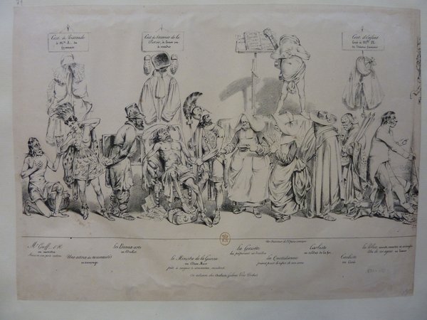 An engraved painting depicting a procession involving multiple figures, mostly women, displayed in a classic style typical of the July Monarchy era. Some figures wear elaborate dresses and headgear, representative of allegory. Various signs and banners add context to their roles or messages in the procession. The artwork falls within the genres of Fine Arts and is infused with a sense of formality and historical narrative.