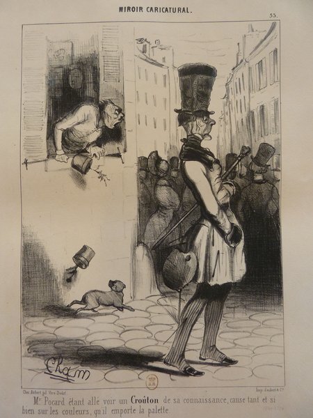 An illustration depicting a street scene during the July Monarchy. A woman in a bourgeois outfit, wearing a top hat, walks confidently with a cane and a palette in hand. A dog runs beside her, and other figures in top hats are visible in the background. Two panels show varying street views and figures, enhancing the bustling urban atmosphere.