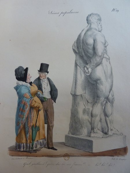 In a museum setting, a drawing depicts two middle-aged individuals—a woman in a colorful bourgeois outfit and a man in a top hat and suit—conversing beside a large Greco-Roman statue. The woman holds an umbrella. The scene captures a moment of audience engagement with antique artwork in a salon atmosphere, highlighting restoration and preservation efforts.