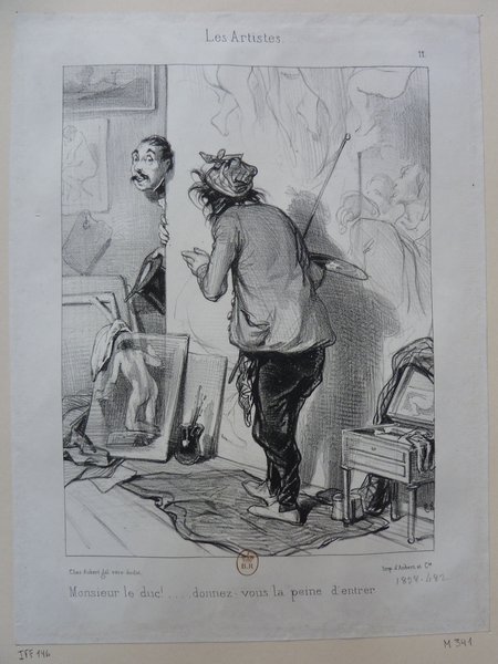 Black and white illustration showing two male figures in a studio. One figure, with long hair, a bohemian appearance, and facial hair, holds a palette and mahlstick while painting on a canvas. The other, with a bourgeoisie look, watches intently, sticking his head from around the corner. Artists' brushes, paintings, and assorted painting tools are visible in the cluttered space.