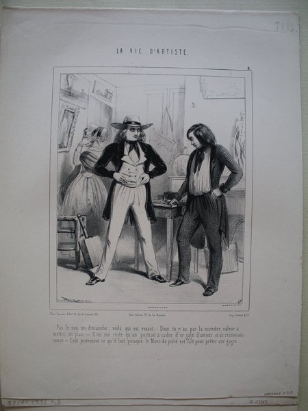 Black and white illustration depicting a scene in an artist's studio during the July Monarchy. Two men and a woman, portrayed with long hair typical of male painters from the period, are among paintings and statues in the cluttered space. The men are engaged in conversation, and the woman looks on quietly.