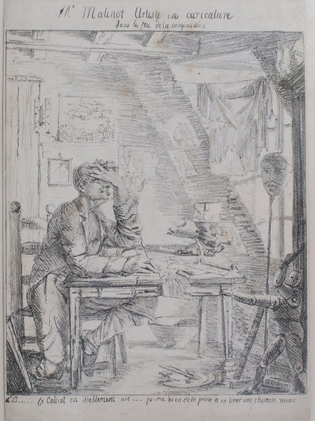 A detailed sketch depicting an artist in a studio, focused on drawing with a palette and brushes nearby. The room includes various art objects and a mannequin, suggesting a space dedicated to art creation and possibly restoration. Elements of the room and tools used by painters are prominently featured.