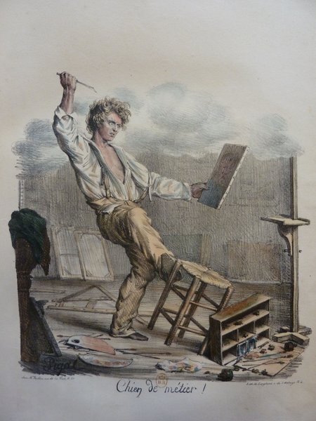 An illustration of a painter in a studio, dramatically posed with a brush and palette, amid scattered artists' brushes, an easel, and a folio. Destruction of artwork is also visible.