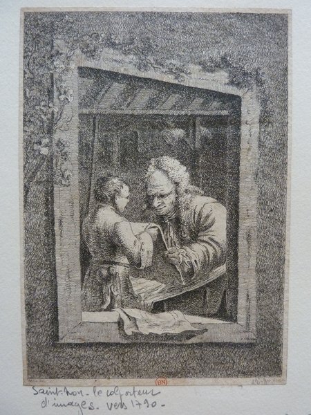 An etching depicting two figures, one wearing a wig characteristic of the "Habits à la Française" style. They are indoors, likely engaging in a transaction or discussion related to the art market or book selling, judging by the presence of a book or document handled by the wigged figure. The setting suggests an intimate yet formal engagement, and both figures are detailed in period outfits.