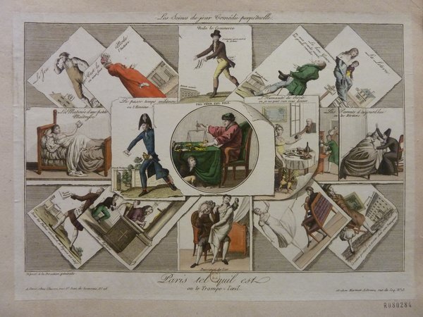 A detailed print featuring multiple vignettes of various occupations and street scenes arranged across diamond-shaped frames. Illustrations include women, painters with easels, a painting restoration, and allegorical elements, set in an urban environment. Each frame includes descriptive texts in French, contributing to a historical or thematic narrative.