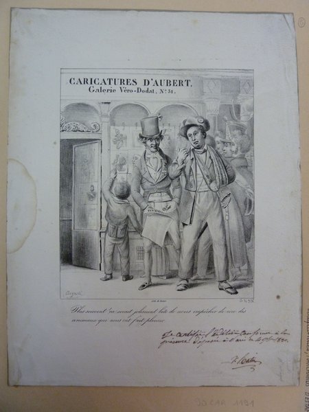 A print depicting various individuals outside a gallery, identified as "Caricatures D'Aubert, Galerie Véro-Dodat, N.31." The scene includes figures dressed in bourgeois outfits and military uniforms. One man reads a paper while conversing with another in a top hat. A woman, partially visible, and two men are behind them. Architectural elements like archways and a columned gallery, along with details like windows and a sword, are visible.