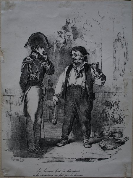 Black-and-white illustration featuring two men standing on a street: one in a military uniform with a bicorne hat; the other, a painter, with a palette and brushes. Background includes graffiti, signs, and depictions of art critics observing them. There are additional sketches of people around the edges.