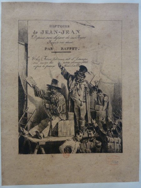 Historical print depicting an animated street scene with multiple characters in various outfits including military uniforms. The scene includes ladders, books, and other items suggestive of occupations related to publishing. Elements of Commedia dell'Arte are evident in the theatrical poses and expressions of figures.