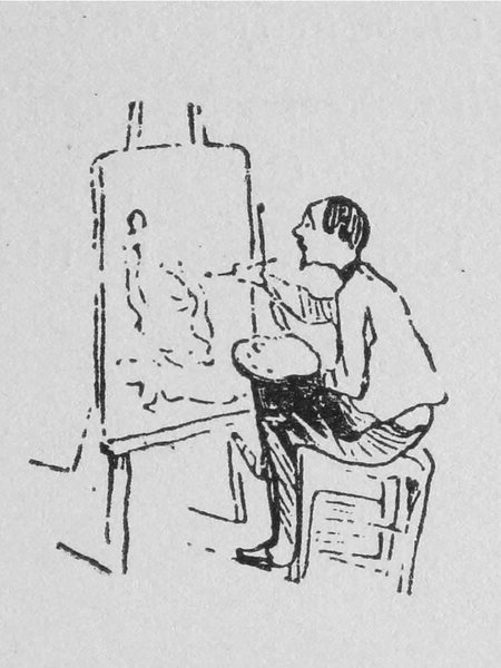 A black and white illustration of a painter with facial hair, sitting on a stool in a studio, actively painting on an easel. The painter is holding a palette and artists' brushes, focused intently on the canvas.