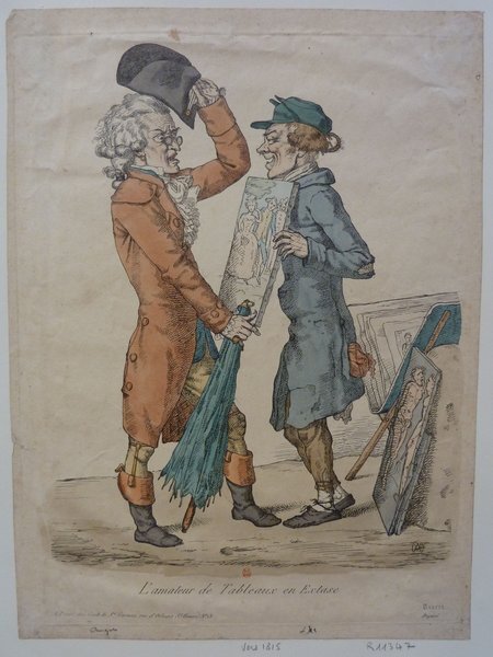 Historical print depicting two characters in 19th-century outfits. One individual, dressed in a brown habits à la française and wig, tips a bicorne hat. The other, wearing a green cap, holds folios and paintings. They appear to engage in a conversation, surrounded by elements such as an umbrella and more artwork.