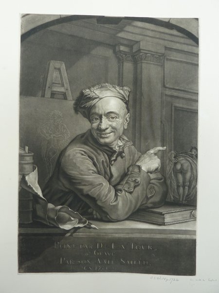 Black and white artwork depicting Maurice Quentin de La Tour, an artist in his studio. Includes elements such as an easel in the background and several art-themed objects around. The artist appears engaged with the viewer, pointing towards something outside the frame. The setting implies an Ancien Régime style with traditional decor.