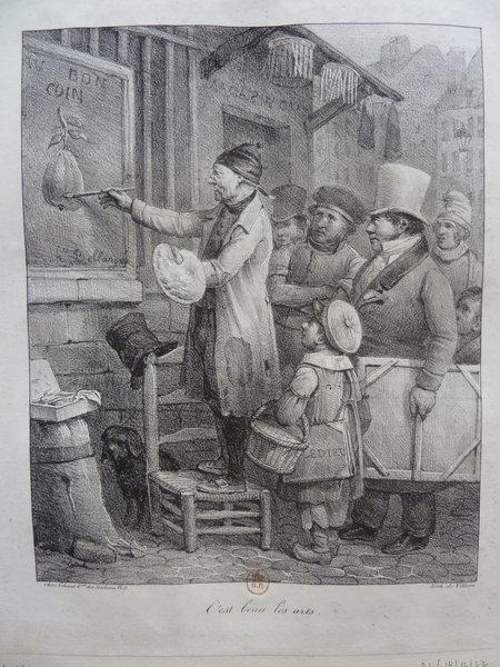 A black and white image showing a painter working on an art piece, using a palette and brush to paint a sign on a storefront. Around him are children, another adult with a top hat, and a dog. A folio rests next to the painter, and the scene includes hints of urban buildings in the background.