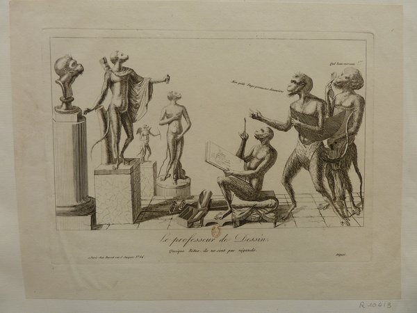An antique drawing depicting monkeys in an art class setting. One monkey examines a Greco-Roman statue with a loupe, another sketches, and two discuss or critique artwork. They wear bicornes and wigs, suggestive of a historical or consulate period. Elements of a museum or pedagogical environment are implied through statues and drawing tools.