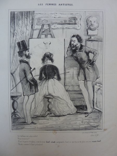A drawing depicting a scene indoors during the July Monarchy era, featuring two men and a woman with bourgeois outfits. One man in a top hat holds a cane, observing a painting on an easel, which the woman, in a dress, is painting using a palette and mahlstick. Another man with facial hair leans against a table, underneath statues, near another easel and a devil figure drawn on the canvas.